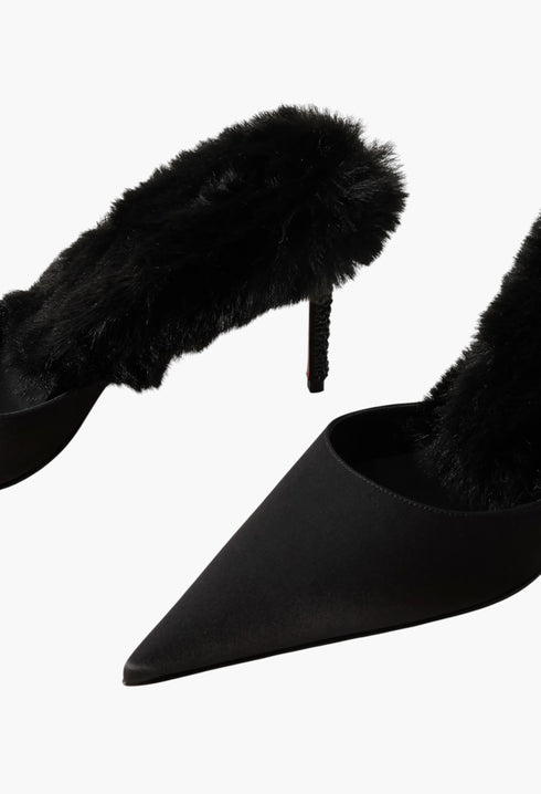 Plush-Trimmed Satin Mules